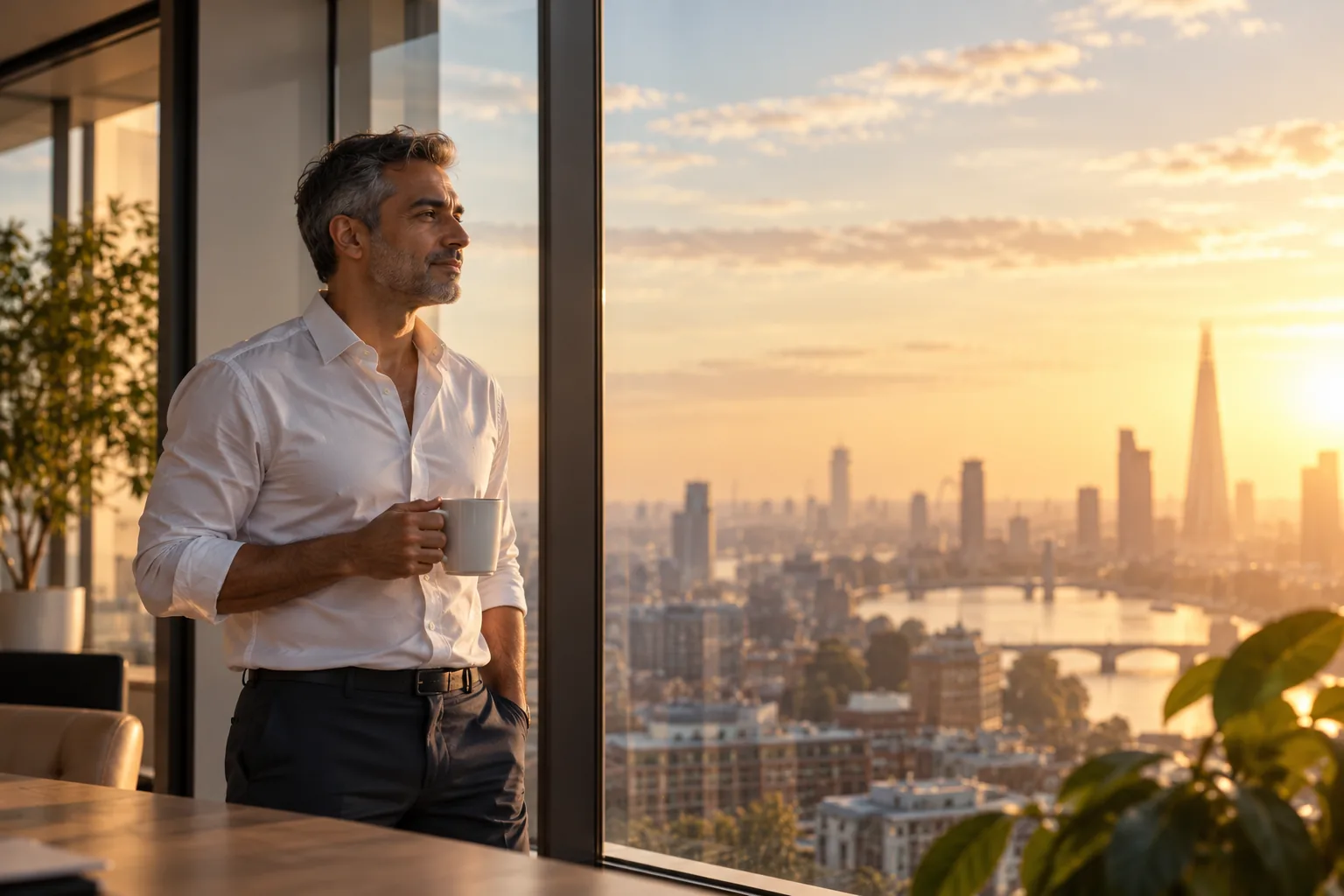 A senior leader pauses by a window, looking out over a city skyline at sunrise