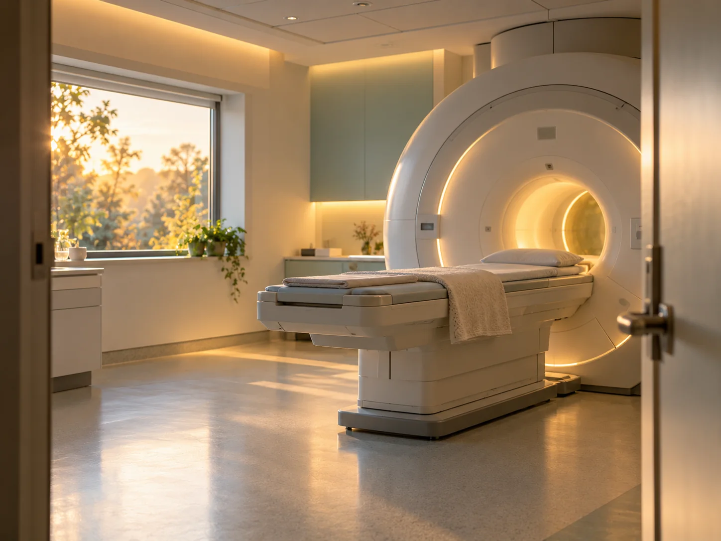 An empty scanning room in early morning light.